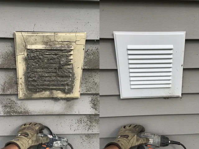 Upper Arlington Dryer Vent Cleaning technician installing high-quality dryer vent cover at a residential property in Upper Arlington