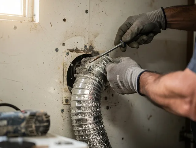 Upper Arlington Dryer Vent Cleaning technician performing precise dryer vent hose installation in Upper Arlington